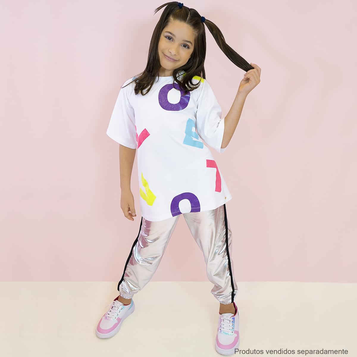Camiseta Infantil Pampili Longa Love Glitter Branca e Colorida - frente camiseta infantil feminina