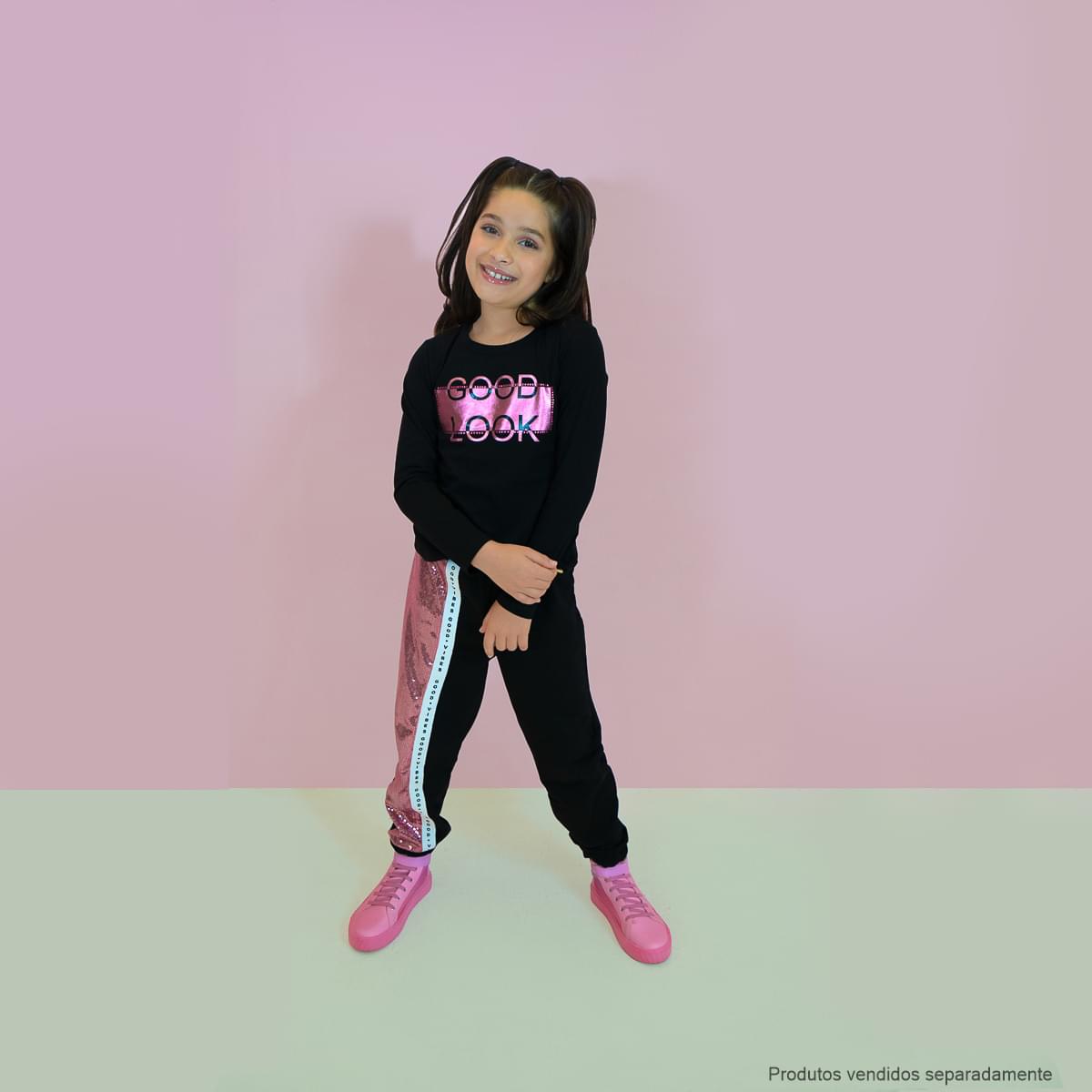 Calça Jogger Pampili Moletom Paetê Good Vives Preta e Rosa - calça infantil feminina