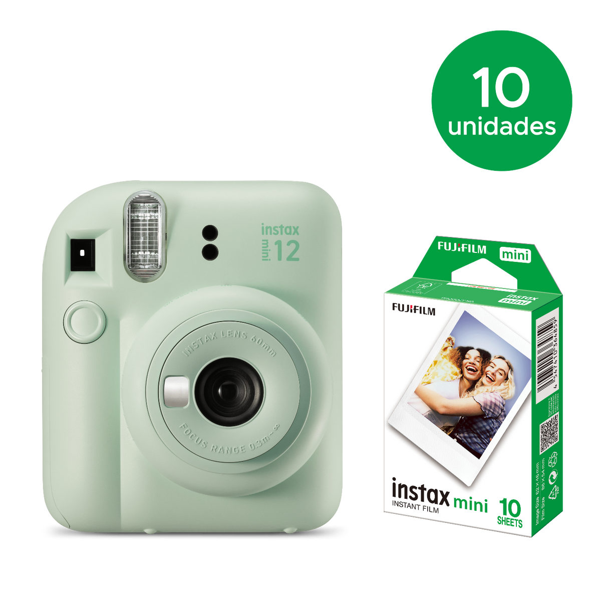 10 instax mini 12™ + 10 caixas com 10 Filmes