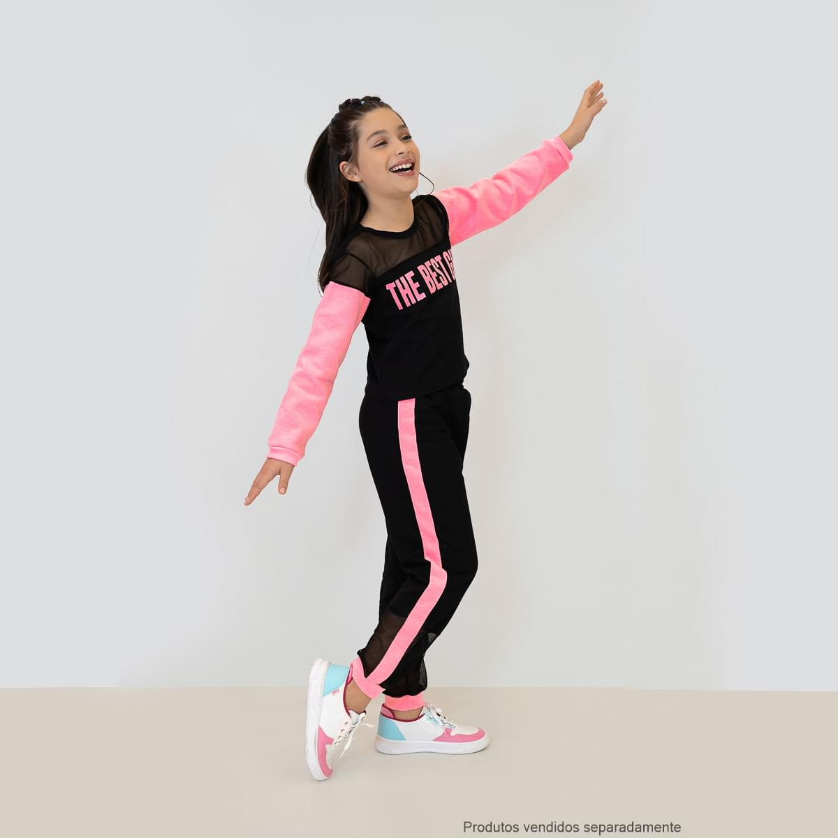 Calça Jogger Pampili Moletom e Tela Preta e Rosa - calça infantil