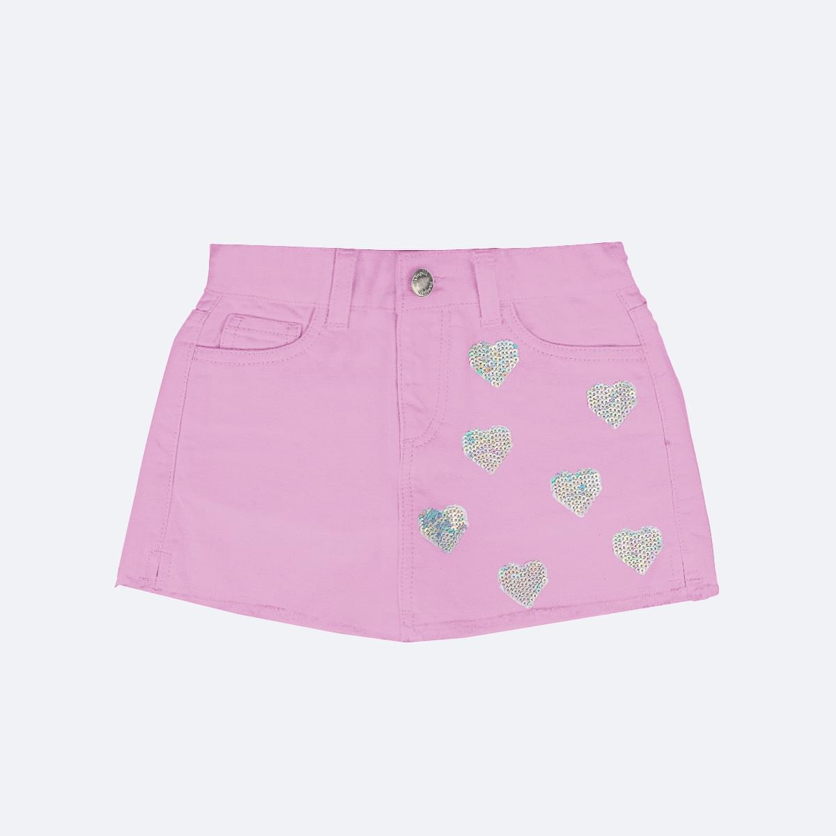 Short Saia Jeans Infantil Pampili Coração Paetê Rosa Bale - frente short saia menina