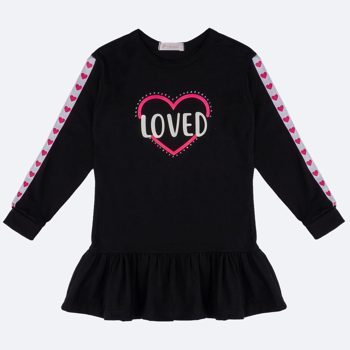 Vestido Infantil Pampili Manga Longa Loved Preto - frente vestido infantil preto