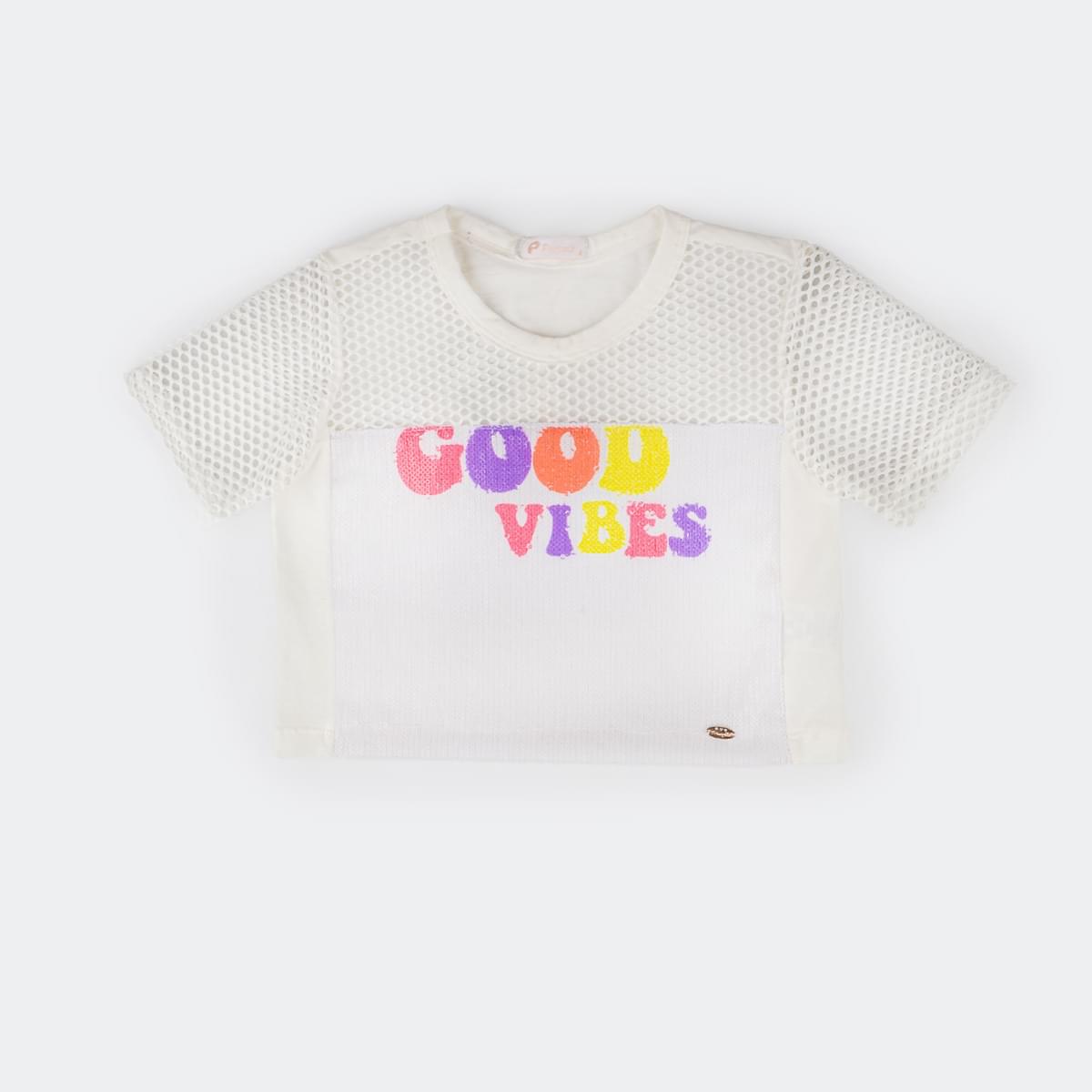 Camiseta Infantil Feminina Pampili Tela e Paetê Estampa Good Vibes Off White.