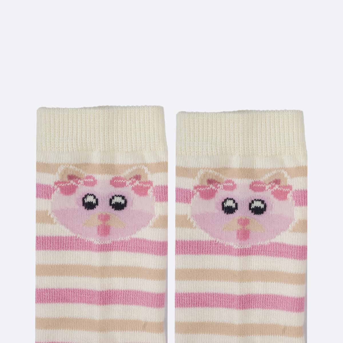 Meia Infantil Feminina 3/4 Pampili Lúdica Listras Marfim e Rosa - meia com bichinho lúdico