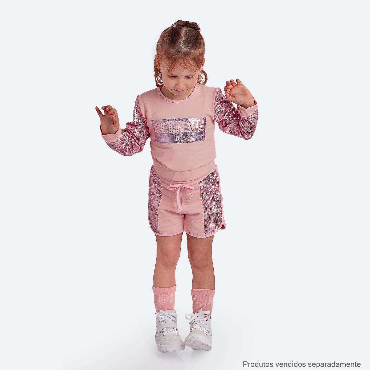 Short Infantil Pampili Moletom Lateral Paetê Rosa - look paetê na menina