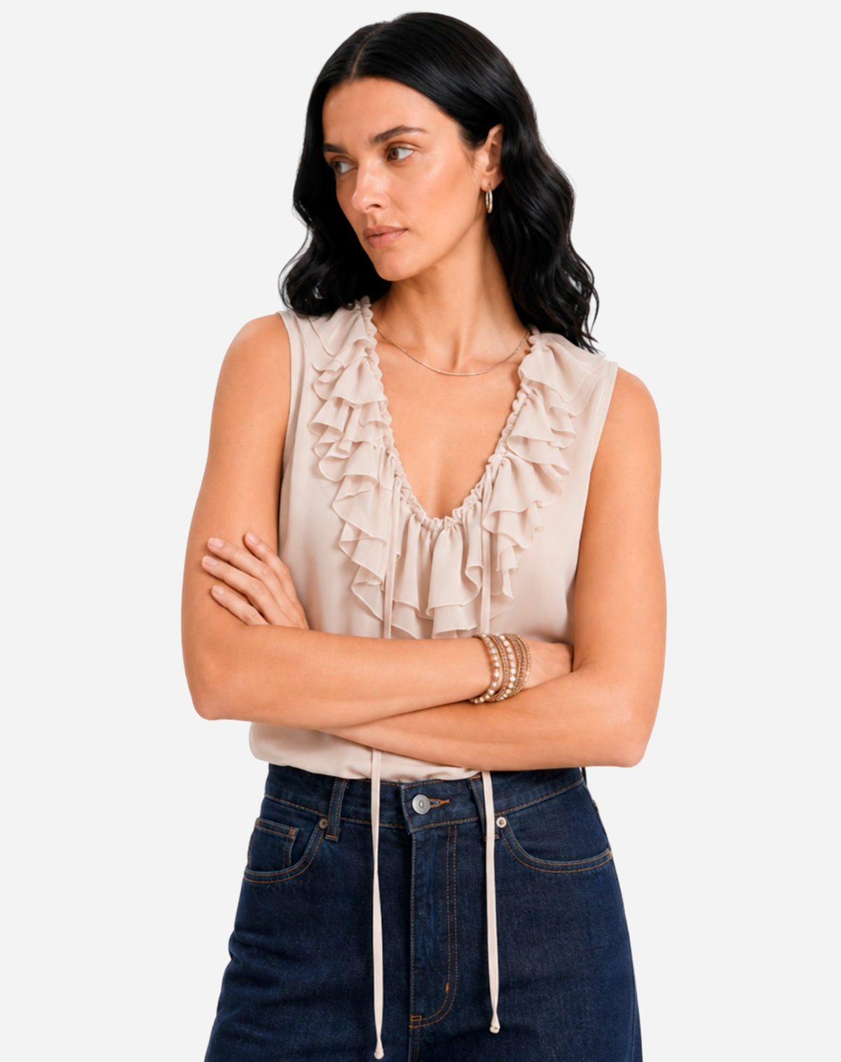 Blusa com Gola de Babados - Bege