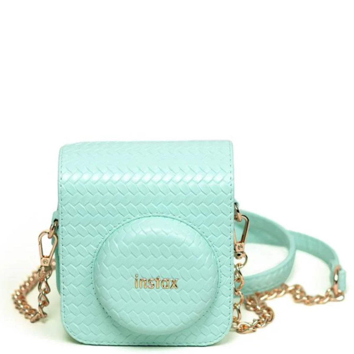 Bolsa Instax Mini 12 Verde Herringbone com Alça Dourada