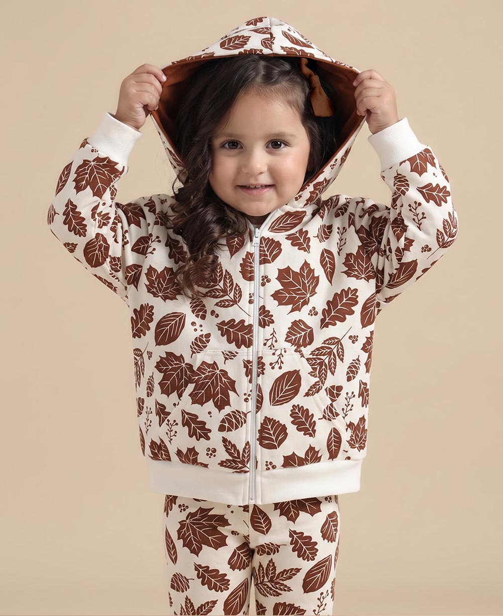 Conjunto Casaco Moletom + Legging Fall Bebê e Criança MiniMalista — estampa folhagem allover marrom caramelo ocre e verde musgo, look coordenado unissex 100% algodão do RN aos 5-6 anos.