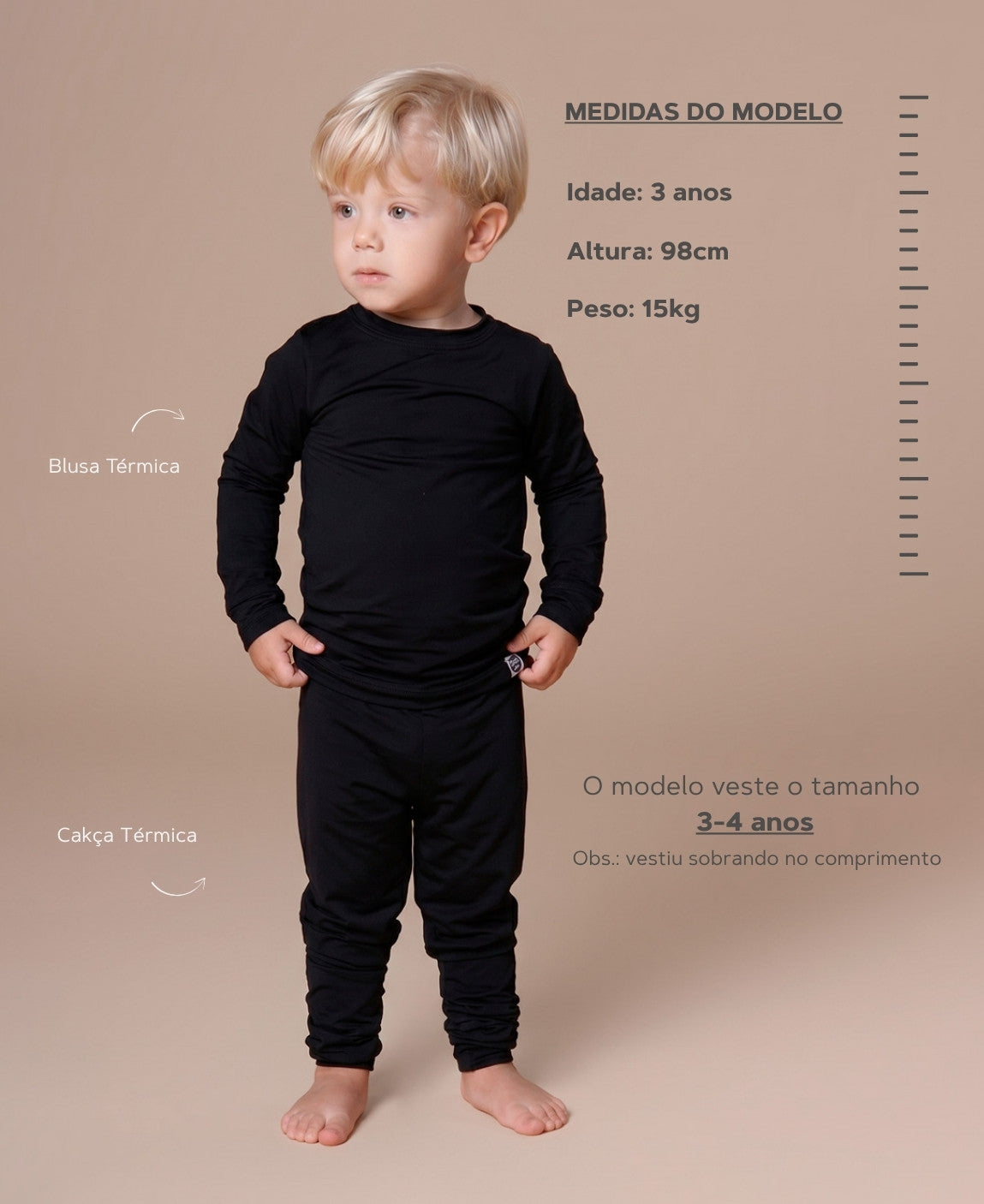 Tabela de tamanhos da Blusa Térmica MiniMalista — criança veste o tamanho referência. Veja altura, peso, idade e tamanho usado na foto pra escolher o ideal. Tamanhos de 0-3 meses até 5-6 anos, disponíveis em meses e anos.