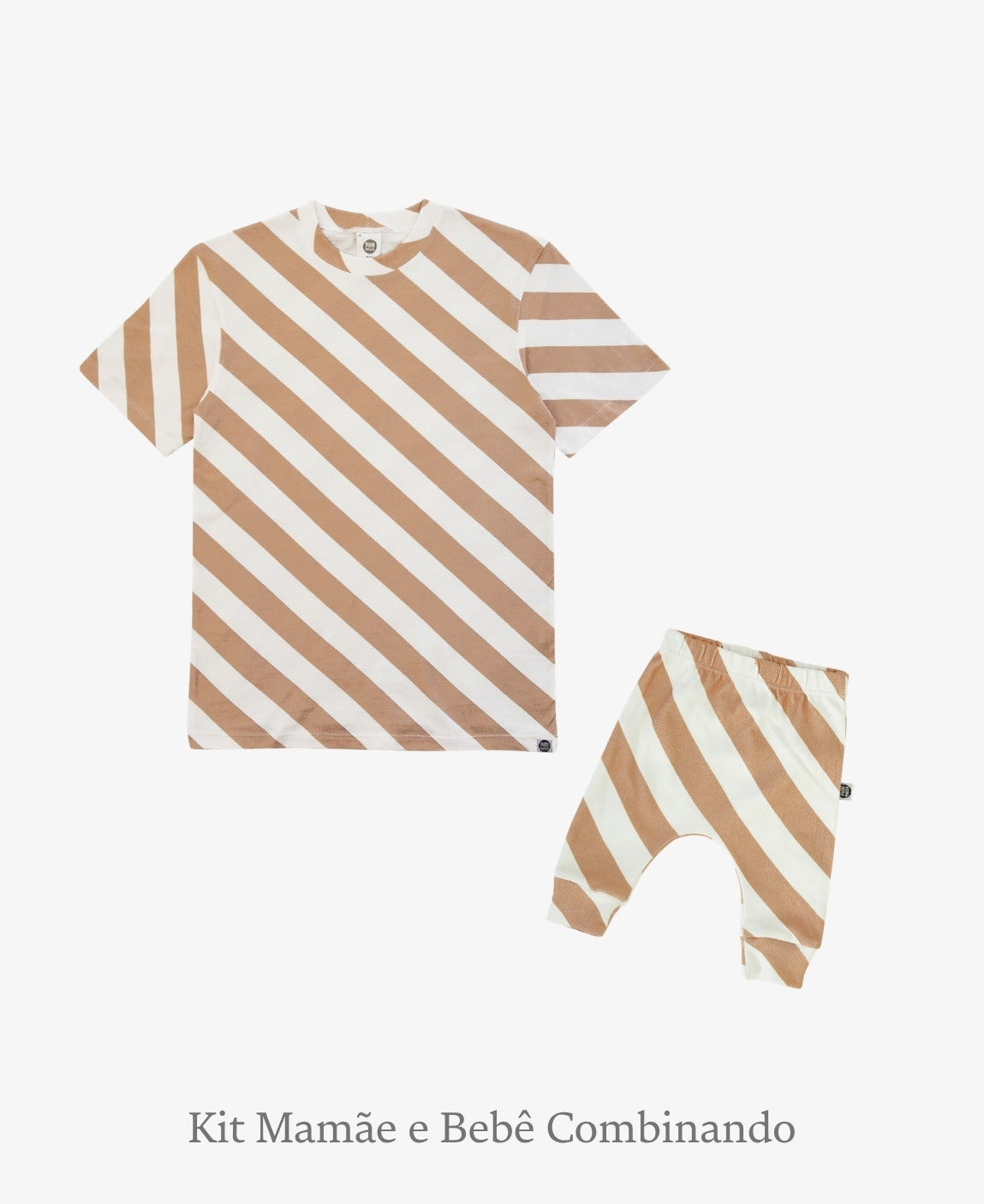 Kit Tal Mãe Tal Filho Camiseta Adulto + Calça Harém Bebê | Listras Diagonais Bege