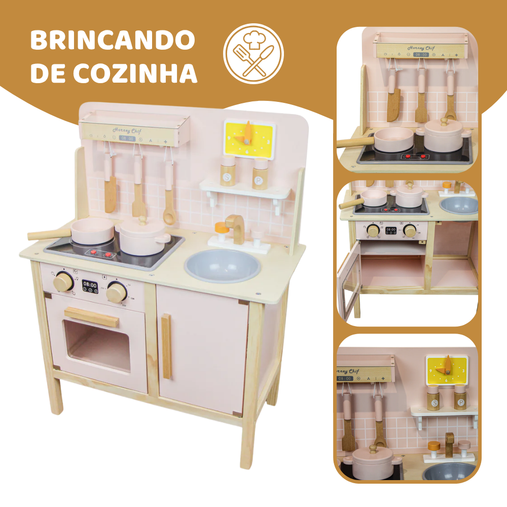 Kit Cozinha com Fogão Elétrico Candy Colors, de Madeira