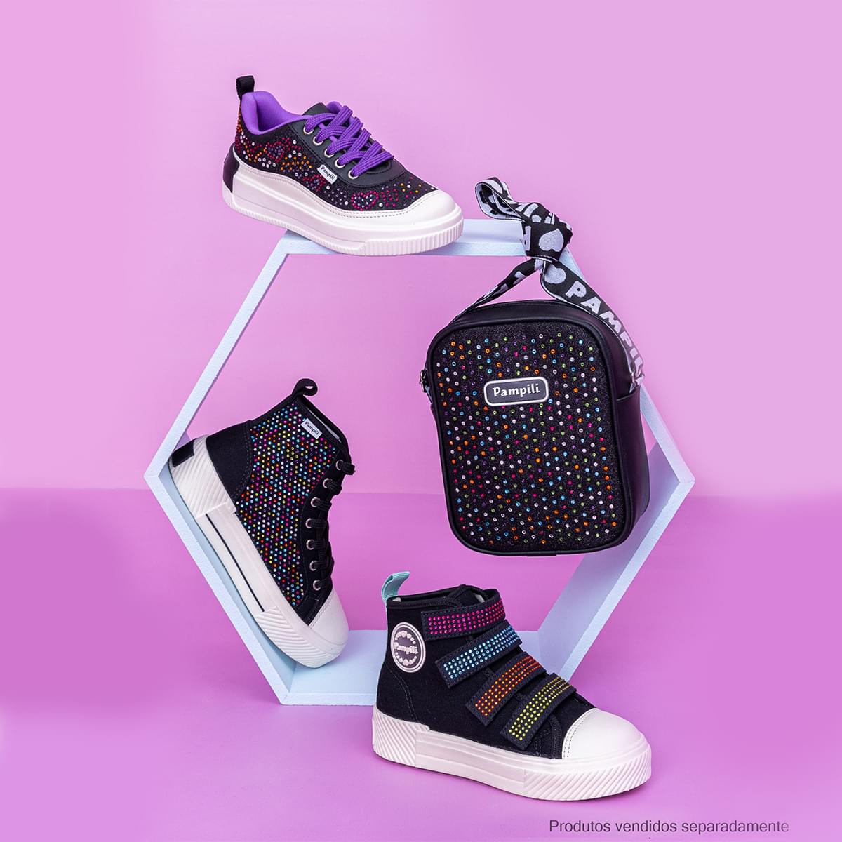 Tênis Cano Médio Pampili Max Strass Colorido Preto - coleçao max strass