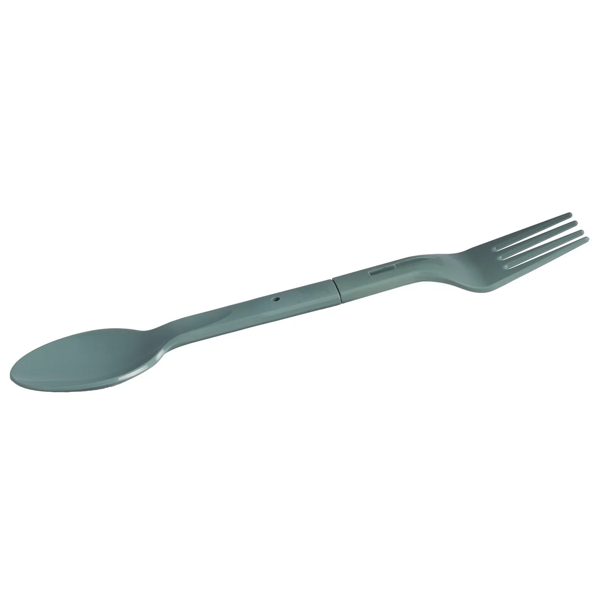 Utensílio de cozinha multifuncional, cor cinza, com design ergonômico. Possui uma colher arredondada em uma extremidade e um garfo de três dentes na outra. Feito de material durável, ideal para economizar espaço.