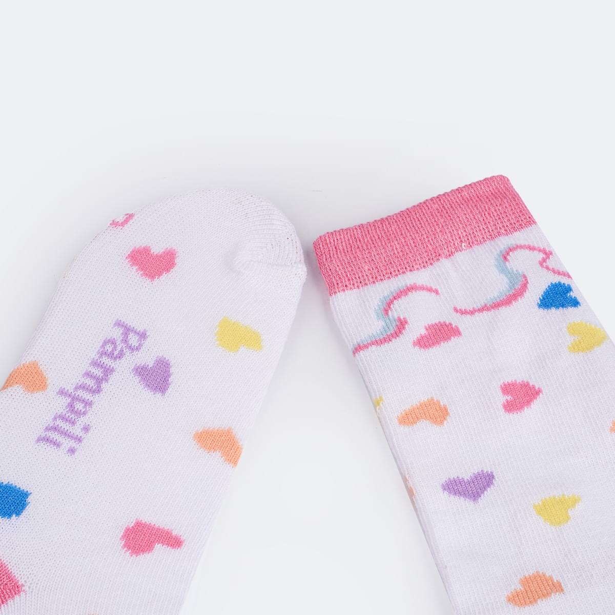 Meia Infantil Feminina 3/4 Pampili Corações Branca e Colorida - meia para usar com bota