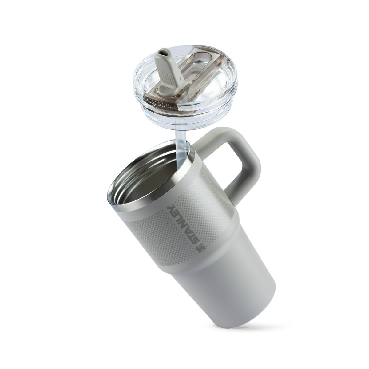 Quencher Stanley - Cinza claro com tampa e canudo e detalhe em escrito