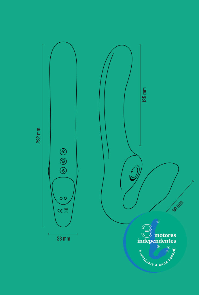 Imagem do Sugador de clitóris Strapless DUO 3 Dildo Duplo Vibratório mostrando dimensões e botões de controle.
