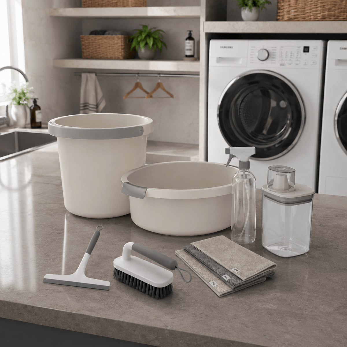 Kit Balde, Bacia, Dispenser e Acessórios de Limpeza 7 Peças Ou Linha Flow - Ou