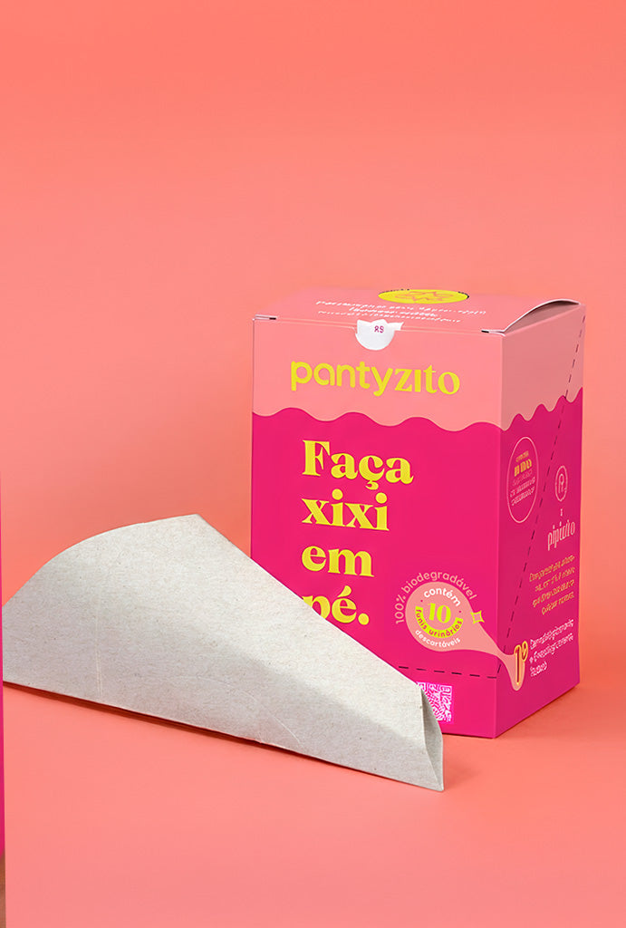 Caixa do Kit pantyzito reutilizável e descartável com o slogan 'Faça xixi em pé' destacando o foco em pipizito.