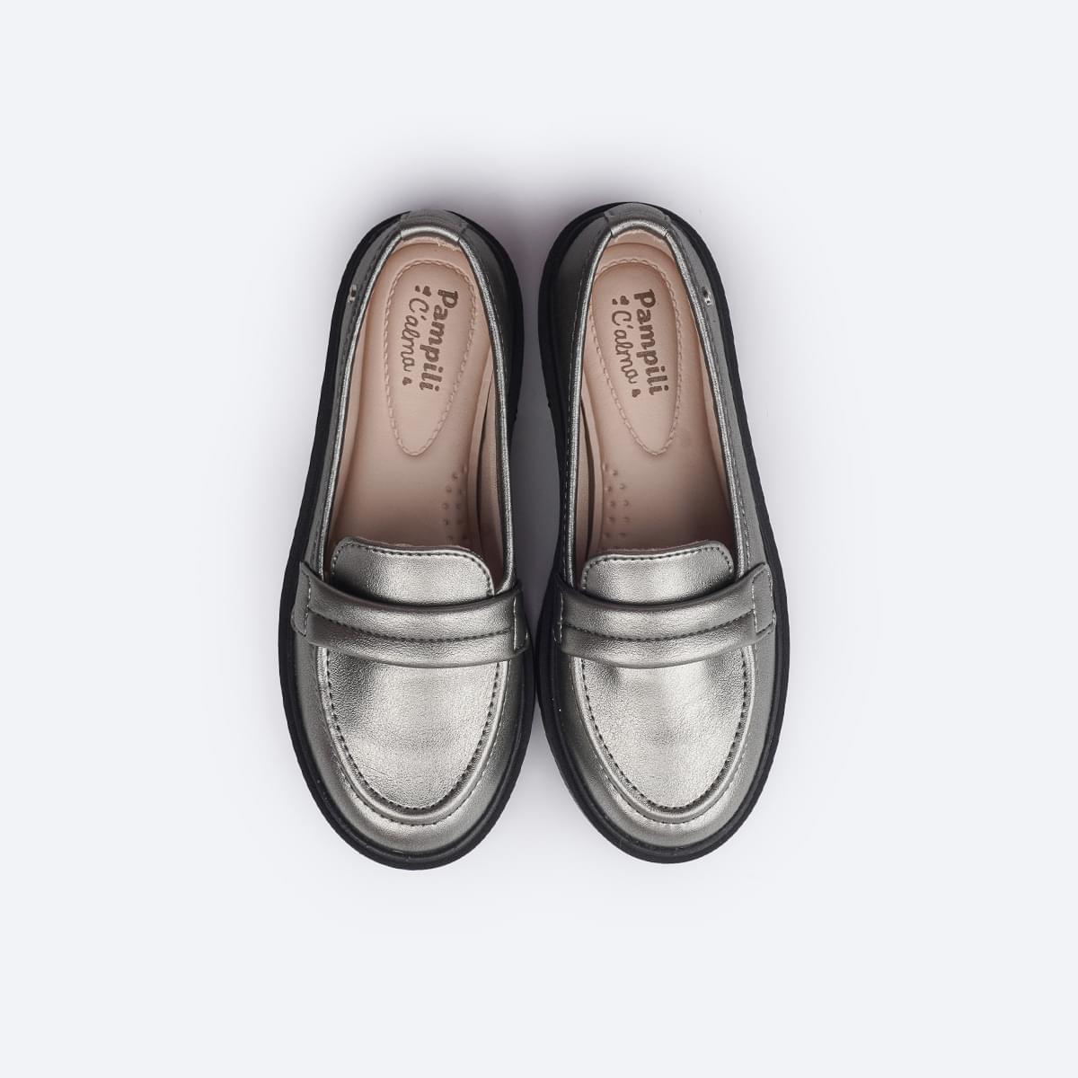 Sapato Infantil Pampili Tifany Mocassim Grafite - superior do sapato prata