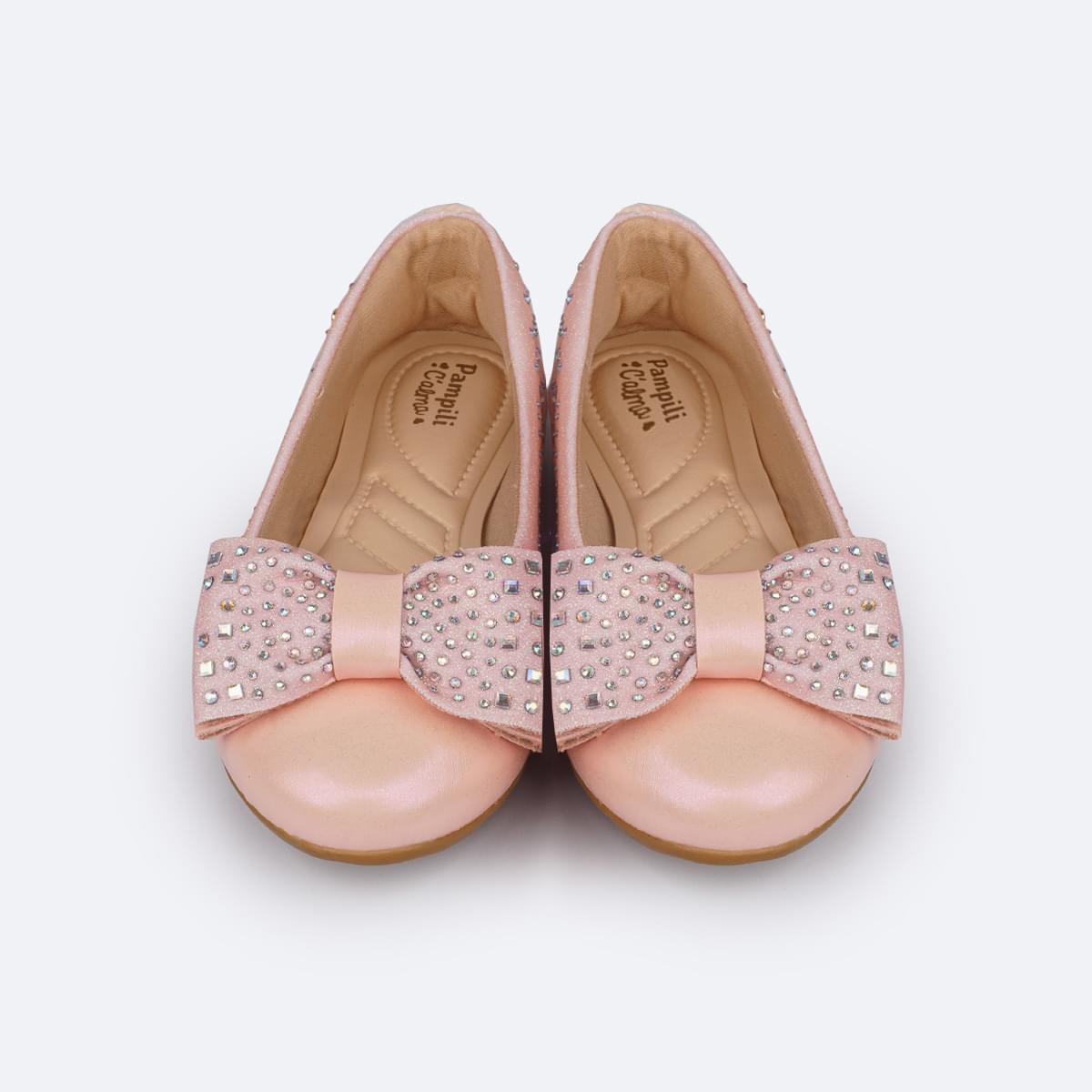 Sapatilha Infantil Pampili Super Fofura Laço Duplo Strass Rosa Novo - frente sapatilha infantil