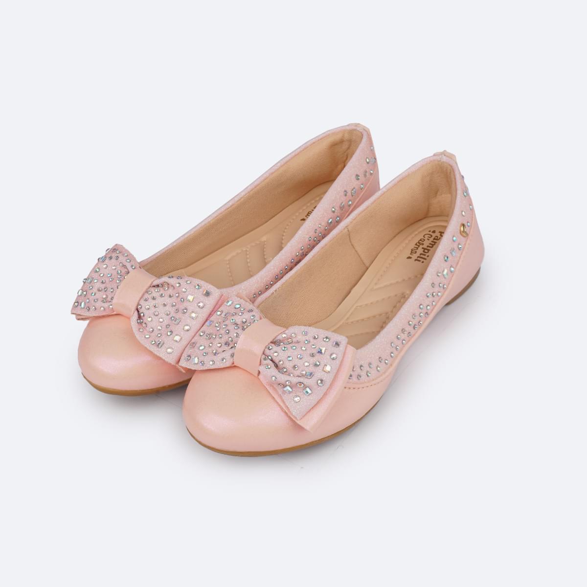 Sapatilha Infantil Pampili Super Fofura Laço Duplo Strass Rosa Novo - frente sapatilha feminina