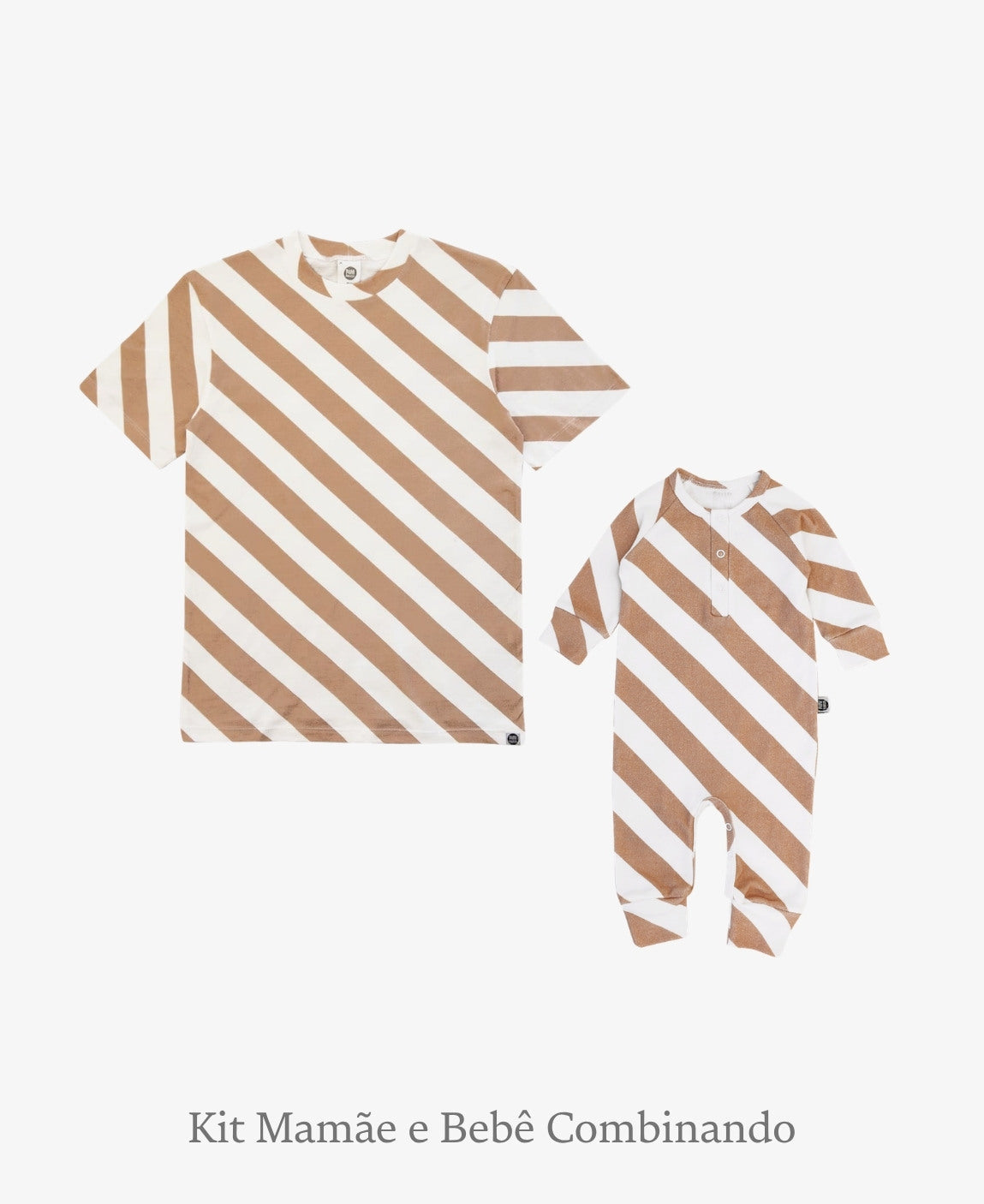 Kit Tal Mãe Tal Filho Camiseta Adulto + Macacão Bebê | Listras Diagonais Bege