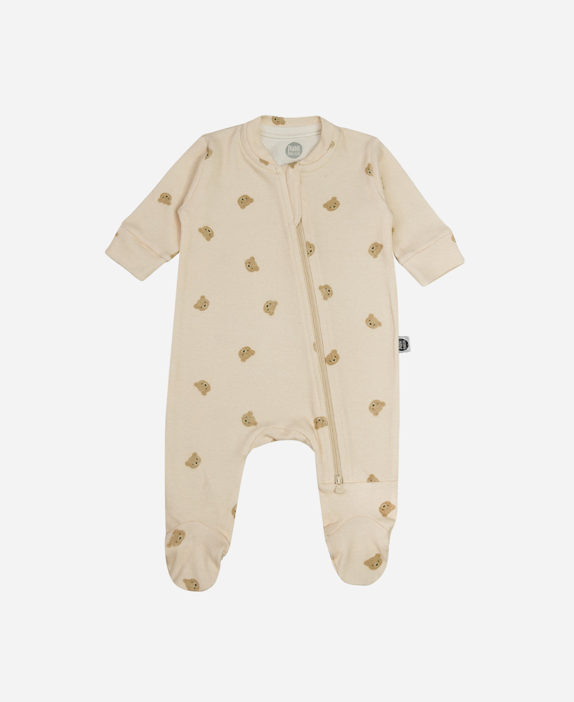Macacão de Bebê Ziper com Pezinho - Estampa Baby Bear (ursinhos marrom sobre Branco Off) - Coleção SS26 - MiniMalista Baby