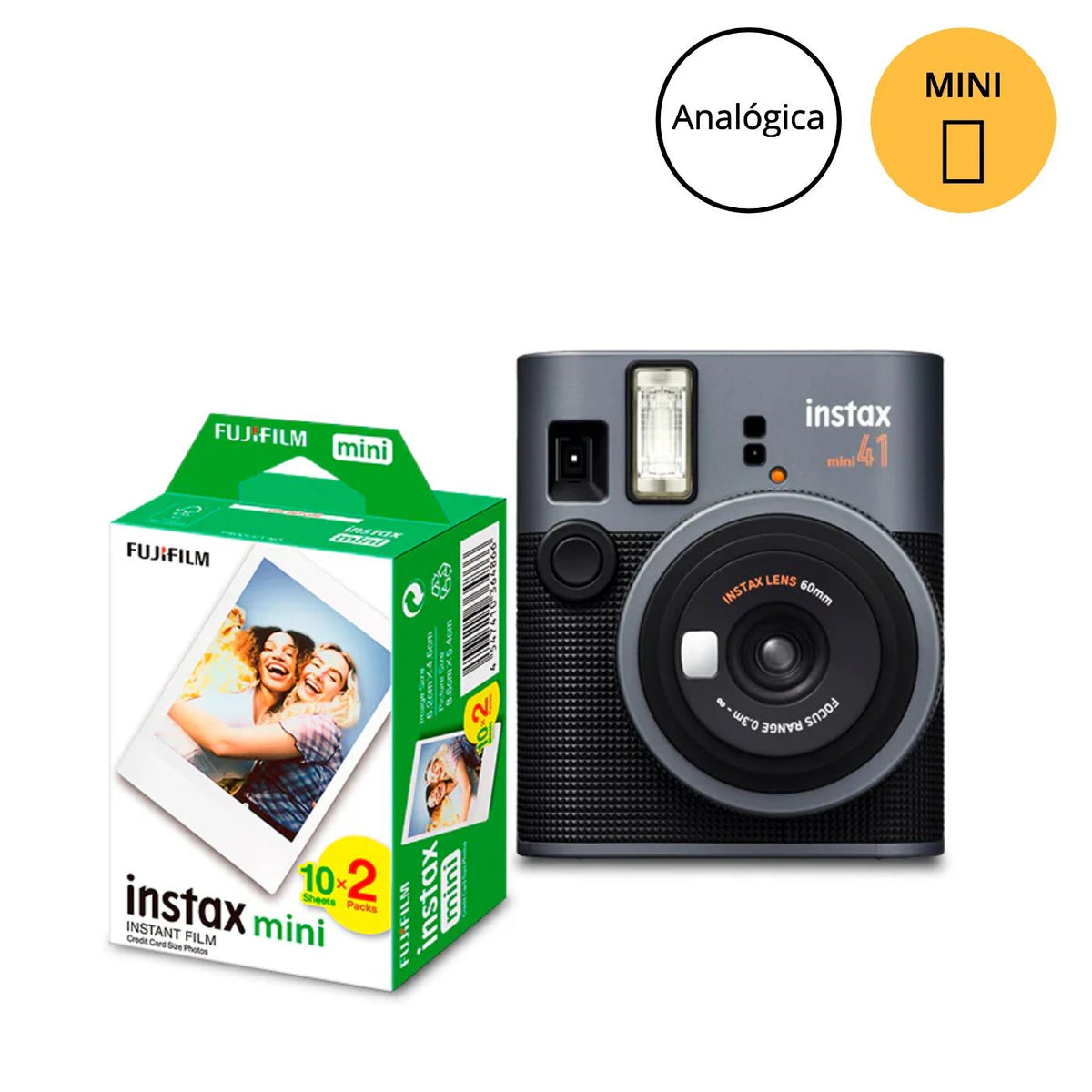 Combo Câmera Instantânea Fujifilm instax mini 41™ Preta + Filme Fujifilm instax™ mini Branco 20 Fotos