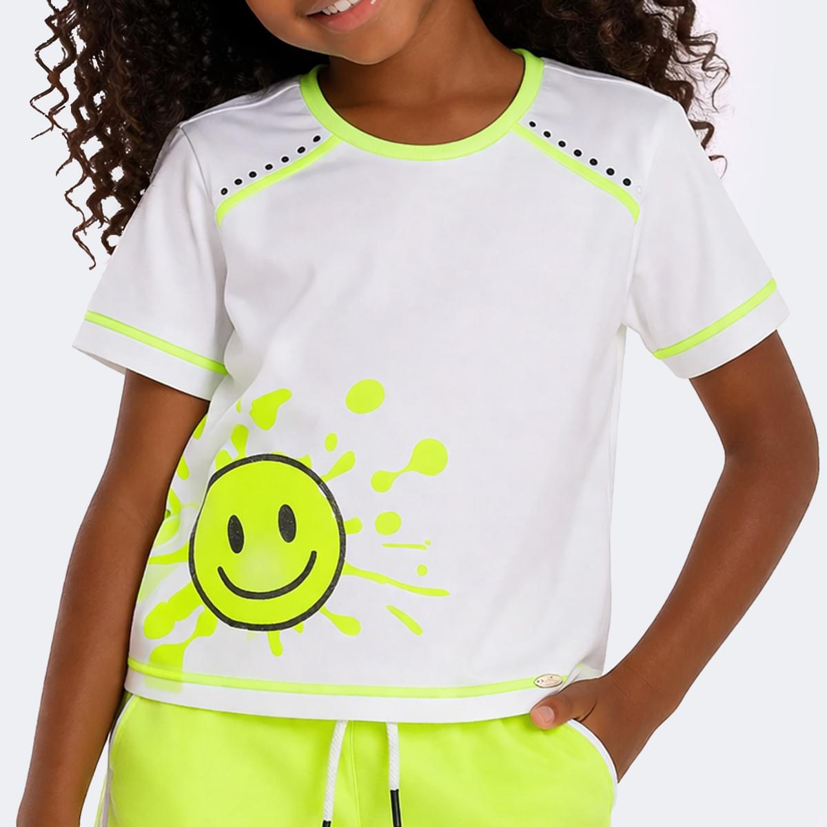 Camiseta Infantil Pampili Carinha Feliz Branco e Amarelo Neon