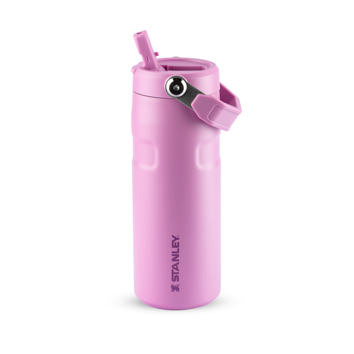 Garrafa térmica Stanley rosa com canudo e alça.