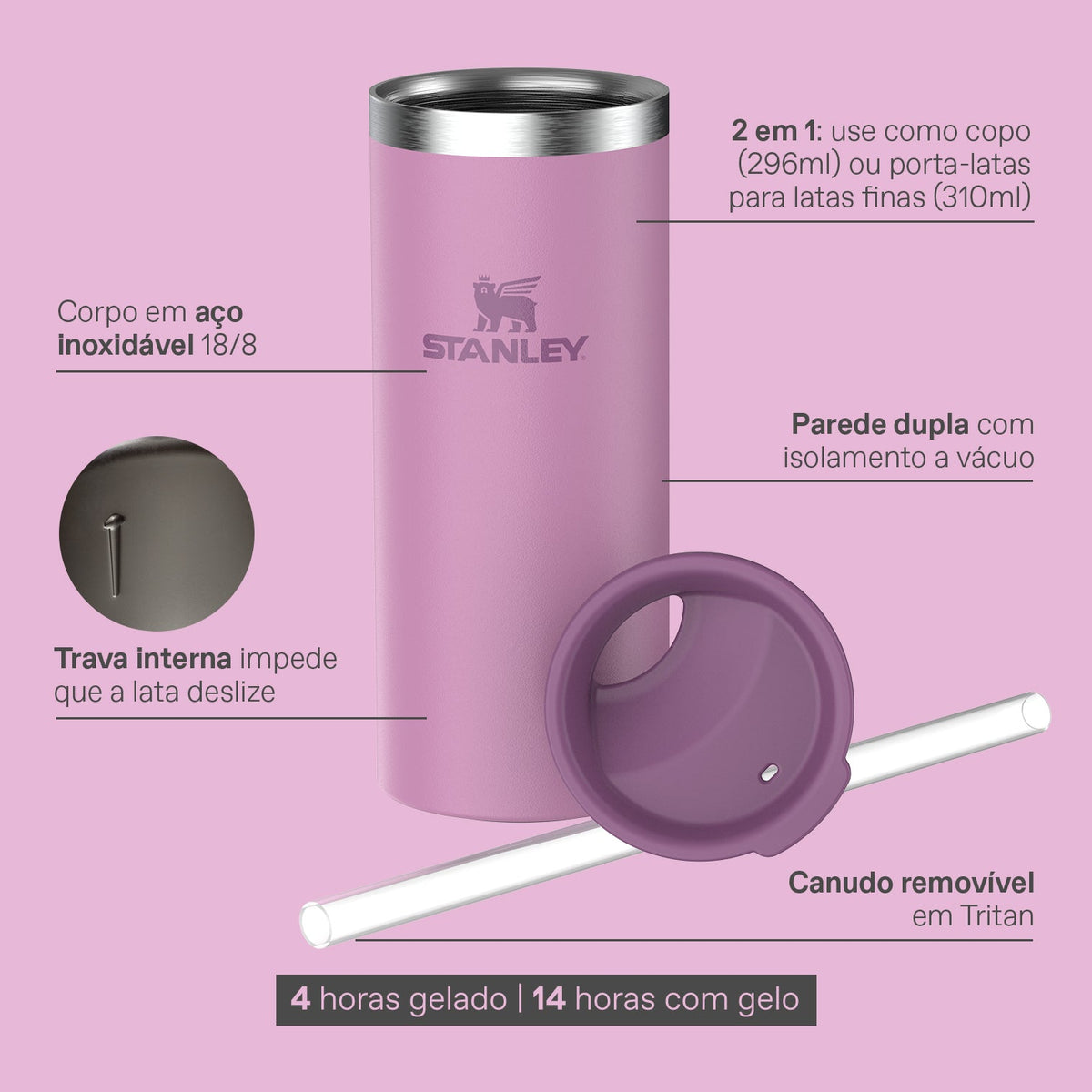 Copo Térmico Slim 3 em 1 com tampa e canudo Stainless Steel Shale | 296ML